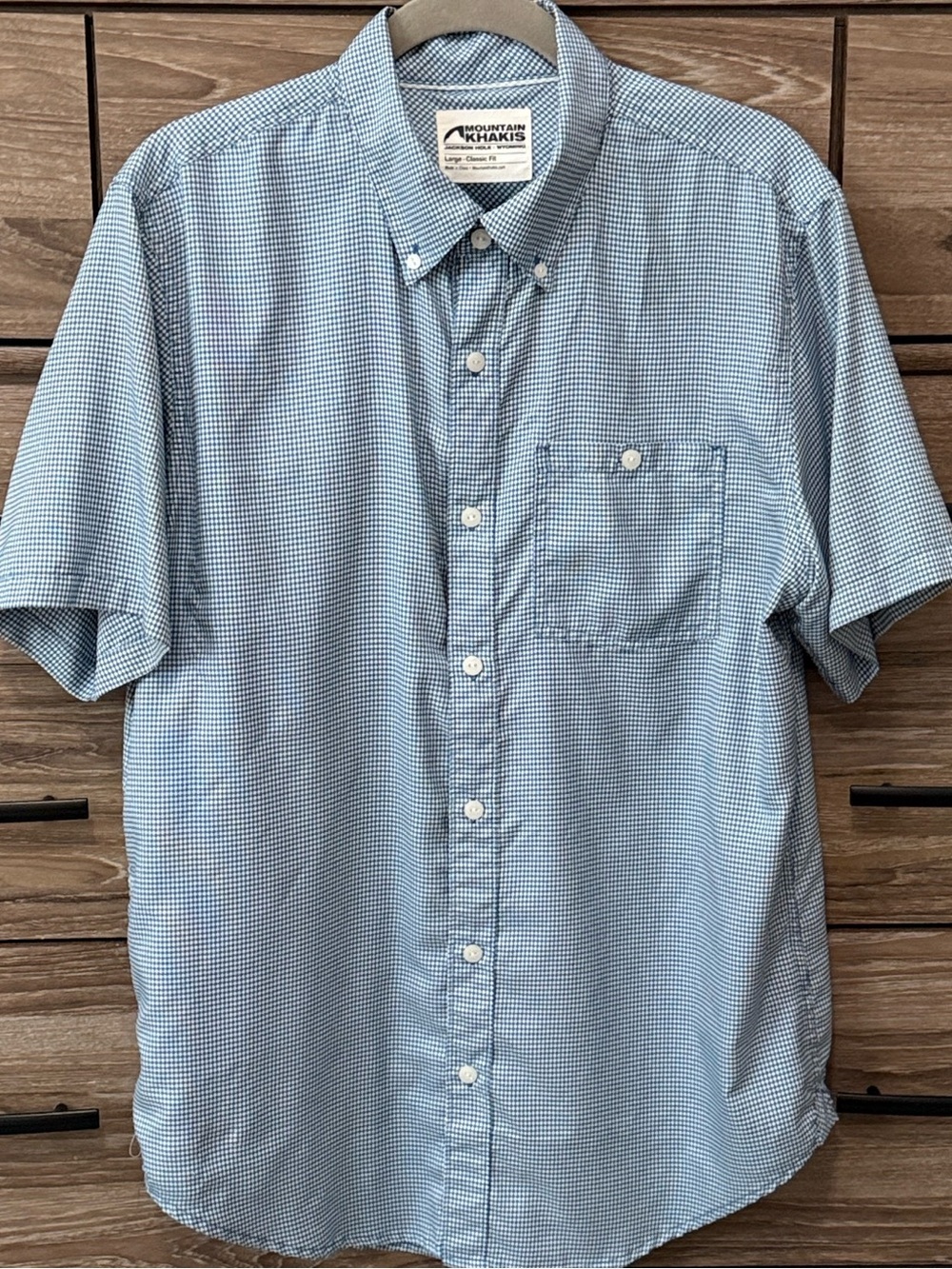 Mountain Khakis Passport EC Short Sleeve Shirt Size Large Blue/White